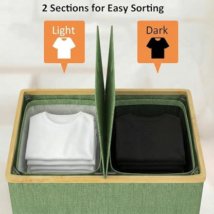 efluky Laundry Hamper with Lid, Double Laundry Basket with 2 Removable Bags, 2 Section Laundry Bin with Bamboo Handles for Bathroom, Bedroom & Laundry Room, 140L (36.9 Gallon) Sage Green - color: Sage Green, size: 140L Dual