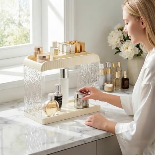 Bathroom Countertop Organizer, 2 Tier Makeup Storage Counter Shelf, Perfume Stand Vanity Holder Skincare Cosmetic Lipstick Dresser Office Tray for Bedroom Living Room Dressing Table, Acrylic - color: White 1 - Acrylic