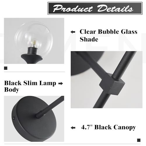 KCO Lighting Matte Black Industrial Wall Sconces Set of Two 1-Light Mid Century Bathroom Wall Mounted Light Sconce Modern Clear Bubble Glass Globe Wall Sconce Lamp Set of 2 - color: Black+Clear