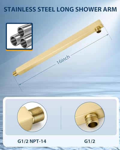12 Inch Brushed Gold Rain Shower Head with Extension Arm, Rainfall Square Showerhead with 16 Inch Shower Arm All Stainless Steel, 144 Outlets Waterfall Full Body Coverage - color: Brushed Gold