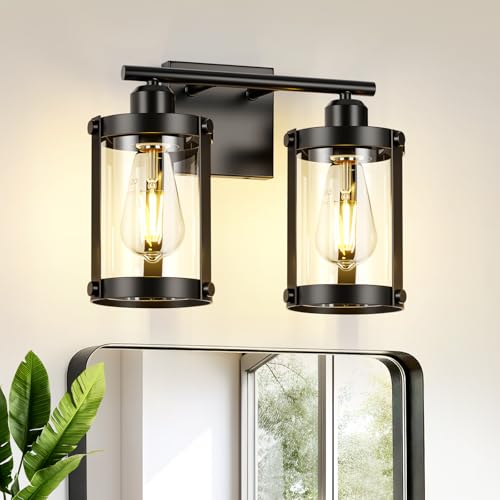 2-Light Black Bathroom Light Fixtures, 13.8 Inch Modern Bathroom Vanity Lighting Fixtures Over Mirror with Clear Glass and Metal Cage Wall Sconce Lights for Bath, E26, OS-3014BK-2W - color: Black + Clear Glass, size: 2-Light, 13.8" L
