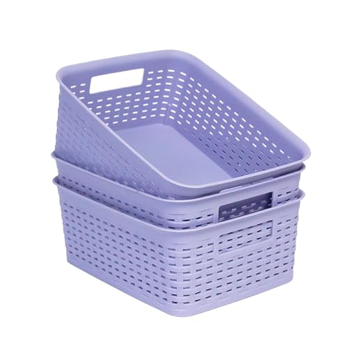 Plastic Storage Baskets for Cabinets, Household Pantry Organization with Handle,Organizer Bins for Room,Bathrooms,Under-Sink,Kitchen (Purple, S-3PACK) - color: Purple, size: S-3PACK