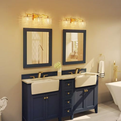 WUZUPS 3-Light Bathroom Light Fixture Over Mirror Morden Vanity Wall Sconces Light Clear Crystal Drop for Bedroom Living Room, E12 Base, Gold - color: Gold Wall light