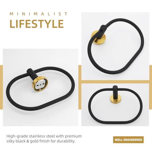 Angle Simple Swivel Towel Ring, Bathroom Hand Towel Holder, Black and Gold | SUS304 Stainless Steel, Move Up & Down, Built-in Gasket, Dishrag Hanger for Kitchen, Screw Mount - color: Oval - Black & Gold