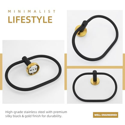 Angle Simple Swivel Towel Ring, Bathroom Hand Towel Holder, Black and Gold | SUS304 Stainless Steel, Move Up & Down, Built-in Gasket, Dishrag Hanger for Kitchen, Screw Mount - color: Oval - Black & Gold