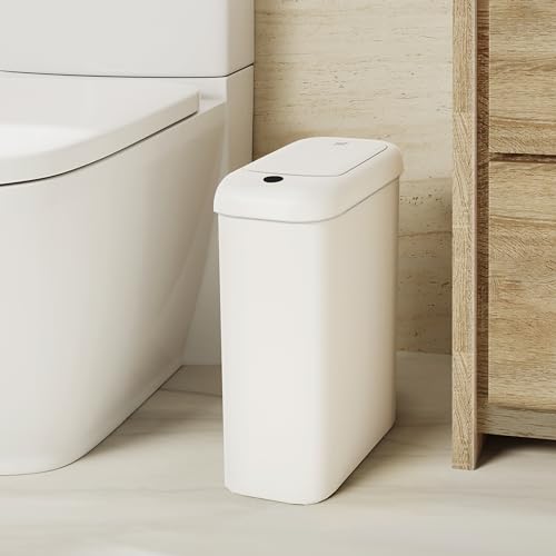 EKO Automatic Bathroom Trash Can with Lid, 2.6 Gallon Slim Touchless Garbage Can, Waterproof Motion Sensor Trash Bin for Bathroom, Office, Kitchen, White - size: Morandi 10L-Oat White