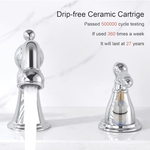 RKF Bathroom Faucets for Sink 3 Chrome 8 inch Widespread Bathroom Sink Faucet with Drain Double Lever Handle Faucet Bathroom Vanity Faucet Basin Mixer Tap WF013-C - color: Chrome