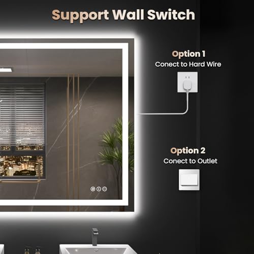 Snowdool 48 x 36 in LED Bathroom Mirror, Front and Backlit, Anti-Fog | Front and Backlit, 3 Color Temperatures, Anti-Fog, Tempered Glass - size: 36"L x 48"W