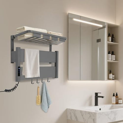 Electric Heated Towel Warmer Rack w/LED Touch Screen, Wall-Mounted Foldable Heated Towel Rack w/95-158℉ Temperature Adjustments ＆ 0-2h Timer for Bathroom Shower Hot Tub (Black, Foldable) - color: Black, size: Foldable