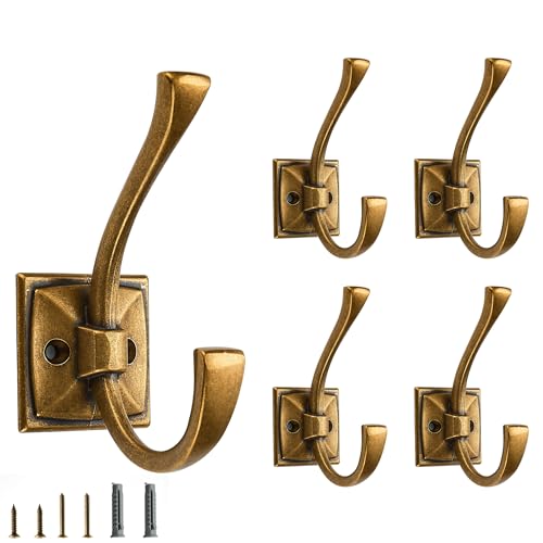 5 Pack Decorative Heavy Duty Towel Hooks for Hanging Robe Double Vintage Antique Brass Coat Hooks Wall Mounted with Screws for Key, Towel, Bags, Cup, Hat - color: Antique Brass