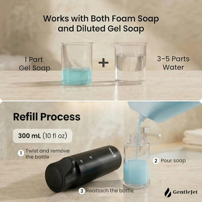 GentleJet CrystalJet Automatic Foam Soap Dispenser Stainless Steel, Touchless Sensor, USB-C Rechargeable, Waterproof, Modern Bathroom & Kitchen Sink, 300 ml - color: Black
