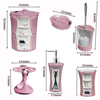 LUANT 6 PCS Bathroom Accessories Including Soap Dispenser, Soap Dish, Tumbler, Teethbrush Holder, Trash Can and Toilet Brush, Decoration for Girl's Bathroom, Countertop Oragnizer, Pink - size: 6PCS-PINK