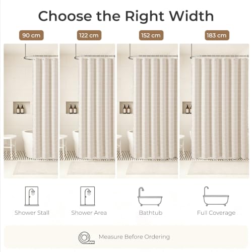 Boho Plaid Shower Curtain Farmhouse Striped Polyester-linen Fabric Shower Curtains for Bathroom, Narrow Neutral Bathroom Curtain Set with Tassel - Beige Bohemian Shower Curtain with Hooks 59x71 Inch - color: Cream, size: 59"W x 71"L (Pack of 1)