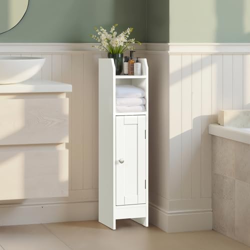 ZENY Slim Bathroom Storage Cabinet, Narrow Bathroom Cabinet with Door and Adjustable Shelves, Freestanding Toilet Paper Storage Cabinet for Small Spaces (White)