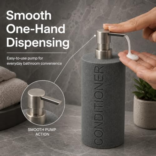Resin Neutral Gray Sandstone Conditioner Engraved Bottle Refillable Pump Dispenser, Durable Waterproof Resin Construction for Bath, Shower - Gray Sandstone Satin Nickel Pump - color: Gray Sandstone Resin, Nickel Pump - Conditioner