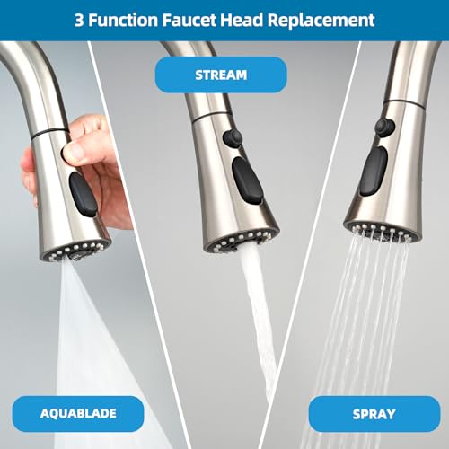 Kitchen Faucet Head Replacement with 15 Adapter Kit, Brushed Nickel | Compatible with American Standard/Kohler/Moen/Delta Faucets, 3 Function Pull Down Sink Faucet Spray Head