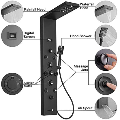 BWE Shower Panel Rainfall Waterfall with Handheld Shower Matte Black | 6 IN 1 Stainless Steel Shower Tower Panel System Massage Body Jets with Tub Spout Water Temperature Display Wall Mount