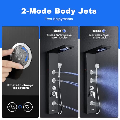 Multi-Function LED Lights Shower Panel System Black, 5 in 1 Shower Panel Include Rainfall & Waterfall Shower Head, 3 Pcs Adjustable Massage Jets, Handheld Shower, Tub Spout - color: Black - 2-in-1 Body Jets