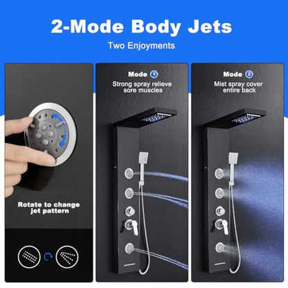 Multi-Function LED Lights Shower Panel System Black, 5 in 1 Shower Panel Include Rainfall & Waterfall Shower Head, 3 Pcs Adjustable Massage Jets, Handheld Shower, Tub Spout - color: Black - 2-in-1 Body Jets