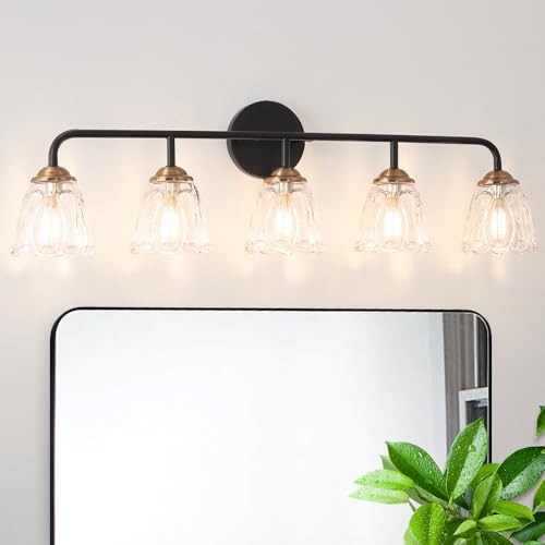 Daunton Vintage Vanity Lighting for Bathroom, Black and Gold Bathroom Vanity Light Fixtures with Clear Glass Shade, Elegant 5-Light Lighting Fixtures Over Mirror, Wall Sconce Lighting for Bedroom - color: Black+Gold, size: 31.5in