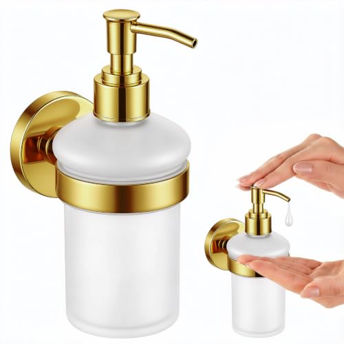1 Pack Hand Soap Dispenser Wall Mount Bathroom Glass Soap Dispenser Pump Bottle with Stainless Steel Pump for Kitchen Bathroom Countertop (Gold) - color: Gold
