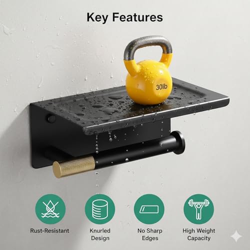 Toilet Paper Holder with Shelf, Stainless Steel PVD Black with Gold Accents | Wall Mount Toilet Tissue Roll Holder with Phone Shelf for Bathroom Storage, Solid Brass Roll Bar with Knurled Texture Detail - color: Dual Tone Black & Gold