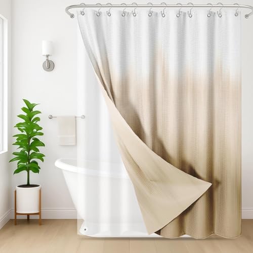 3 in 1 Shower Curtain and Liner,72 x 72 inch, Abstract Tan | Boho Modern Shower Curtain and PEVA Liner Set with 12 Rust-Resistant Metal Hooks, Waterproof Fabric Curtains for Bathroom - color: Abstract Tan