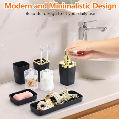 9 PCS Black Bathroom Accessories Set with Trash Can Bathroom Accessory | All-in-One Kit with Trash Can,Toothbrush Holder,Soap Dispenser,Toothbrush Cup,Vanity Tray,Soap Dish,Toilet Brush etc for Home - color: Black
