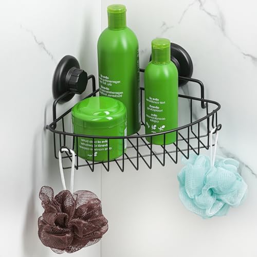 HASKO accessories Corner Shower Caddy with Suction Cup Shower Shelf with Hooks, Stainless Steel Bathroom Caddy, Wall Mounted Shower Basket for Bathroom, Adhesive 3M Stick Discs Included (Black) - color: Black