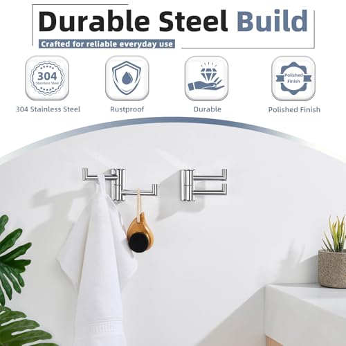 Aomasi Polished Chrome Swivel Towel Hooks 2 Pack, 304 Stainless Steel Wall Mounted Foldable Double Coat Hooks, Max 11lbs Heavy Duty Bathroom Hand Towel Holders - color: Polished Chrome, size: 2 Pack