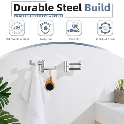 Aomasi Polished Chrome Swivel Towel Hooks 2 Pack, 304 Stainless Steel Wall Mounted Foldable Double Coat Hooks, Max 11lbs Heavy Duty Bathroom Hand Towel Holders - color: Polished Chrome, size: 2 Pack