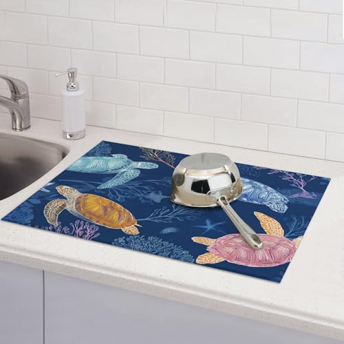 Turtle Dish Drying Mats for Kitchen Counter Absorbent Reversible Drying Mats Microfiber Kitchen Countertop Protector Dishes Drying Pad Extra Large “18 x 24" Dish Mat - color: Dark Blue-Turtle