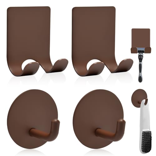 Razor Holder for Shower + Adhesive Wall Hooks, Premium 304 Stainless Steel Shower Razor Holder with Heavy Duty Waterproof Sticky Hooks for Hanging Towels, Coat, hat (2+2 Pack)-Brown - color: Brown-4pcs