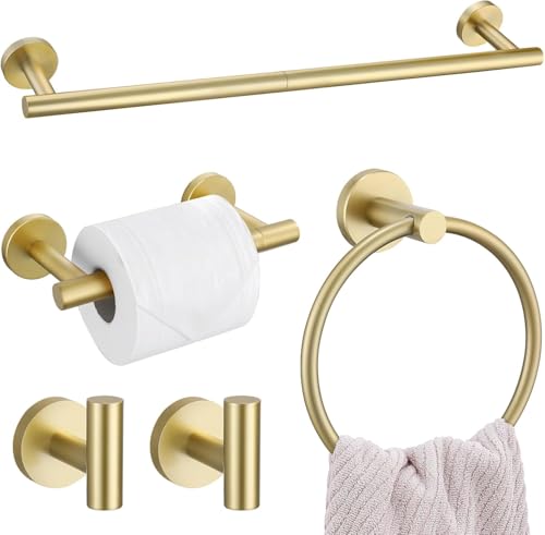 TURS Brushed Gold 5 Piece Bathroom Hardware Set, SUS304 Stainless Steel Bath Towel Bar Set, 23.6 Inch Round Bathroom Accessories Kit Wall Mounted - color: Brushed Gold