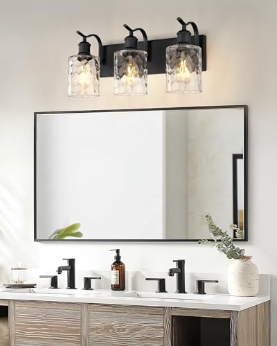 Bathroom Vanity Light Fixtures Over Mirror 3-Light Hammered Glass Wall Mounted Modern Black - VL01BKH-3 - color: Black & Hammered Glass, size: 3 LIGHT