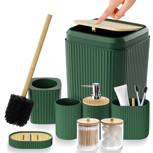 Bathroom Accessories Set - Unbreakable Green Bathroom Set, Trash Can, Toilet Brush with Holder, Soap Dispenser, Toothbrush and Toothpaste Holder, Tumbler Cup, Soap Dish, Qtip Holder, Bamboo Decor - color: Dark Green, size: 8 Pieces