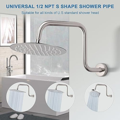 S Shaped Shower Arm, High Rise Shower Head Extension Pipe Standard 1/2" Connection with Flange, Awesome Shower Experience-Stainless Steel Bathroom Accessory(13 Inch Z-S Shape, Brushed Nickel) - color: Brushed Nickel, style: 13" Z Shape