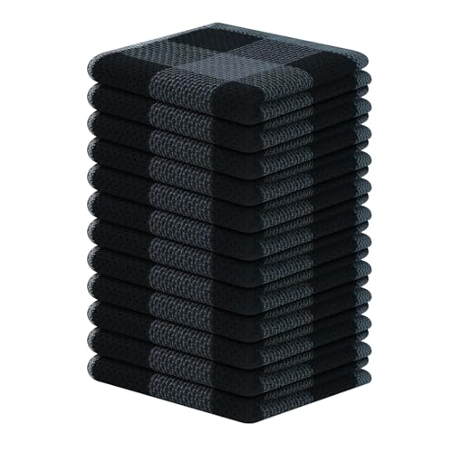 Homaxy 100% Cotton Check 12 Pack Dish Cloths, 12" x 12", Black & Grey | Waffle Weave, Plaid, Super Soft and Absorbent Dish Rags, Quick Drying, Multi-Purpose - color: Black & Grey, size: 12 x 12 - 12 Pack