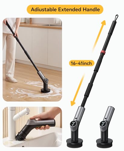 Electric Spin Scrubber for Bathroom,IPX7 Cordless Cleaning Brush with 6 Replaceable Brush Heads,120 Mins Runtime Power Shower Scrubber with Adjustable Extension Handle and Durable Brush Head for Tub