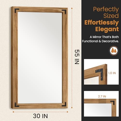 Wood Framed Bathroom Vanity Mirror for Wall, 30"x55" Farmhouse Mirror | Solid Wood Frame, HD Shatterproof Glass, Vertical/Horizontal Hanging, Ideal for Bathroom, Living Room, Bedroom - size: 30"L x 55"W