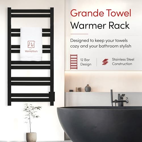 WarmlyYours Grande Heated Towel Rack, 12 Bars, Matte Black | Wall-mounted electric towel warmer rack and dryer, 120V hardwired, flat heated bars for towels and bathrobes - color: Matte Black, size: 12 Bars