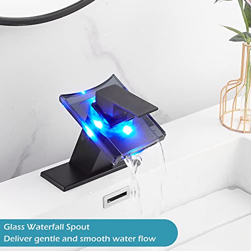 Bathroom Black Faucet Waterfall LED Glass Spout with Overflow Drain Stopper | Single Handle One Hole Deck Mount Modern Designer Basin Sink Faucet 3 Color Changing Battery Powered Lavatory Vanity - color: Black, style: LED with Drain