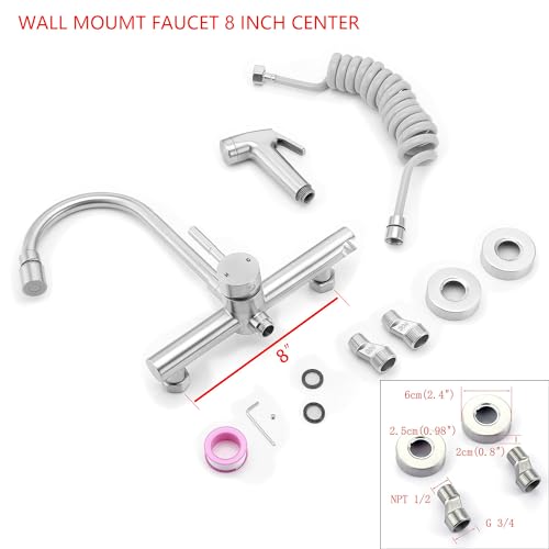 Wall Mount Kitchen Faucet with Side Sprayer, Commercial Sink Faucet 8 Inch Center, 360 Swivel Spout, Dual Functional Sprayer, Utility Sink Mixing, 304 Stainless Steel, Brushed Nickel Finish - color: E Style, Nickel Brushed