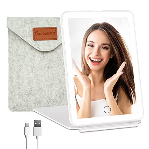 FUNTOUCH Rechargeable Travel Makeup Vanity Mirror with Lights Storage Bag | Portable Lighted Beauty Mirror, 3 Lighting Modes, Dimmable Touch Screen, Tabletop Folding Cosmetic Mirror with Storage Bag - color: Ceramic White