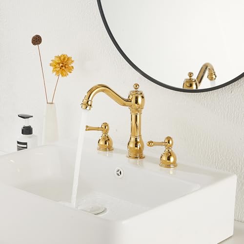 2 Handles 3 Holes Faucet Widespread Bathroom Sink Faucet Basin Tap Mixer Supply Hose Included Matching Pop Up Drain Polished Gold - color: Polished Gold, size: Widespread