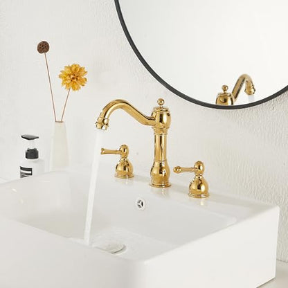 2 Handles 3 Holes Faucet Widespread Bathroom Sink Faucet Basin Tap Mixer Supply Hose Included Matching Pop Up Drain Polished Gold - color: Polished Gold, size: Widespread