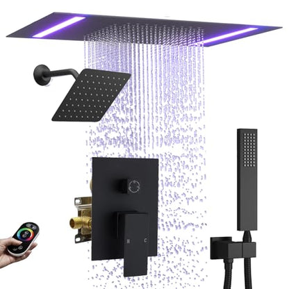 Rain Shower Head System with 14x20 Inch Ceiling Mount LED Head & 6 Inch Wall Head and Handheld Shower 3 Way Pressure Balance Valve Kit, Matte Black - color: Matte Black, style: 14x20 inch+6inch