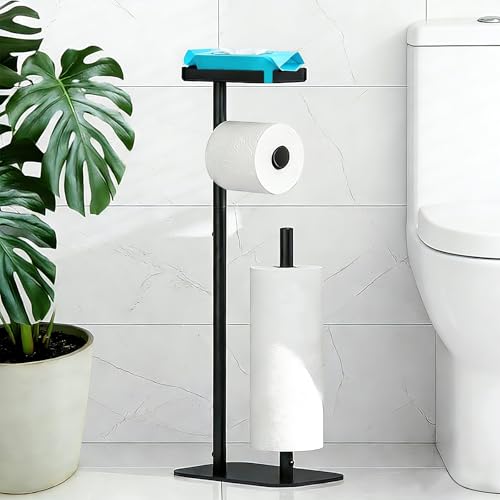 Toilet Paper Holder Free Standing for 4 Rolls with Anti-Slip Base | Rustproof Metal Toilet Paper Stand with Top Storage Shelf for Phones, Wipe and More, Bathroom Organizers and Storage, Black