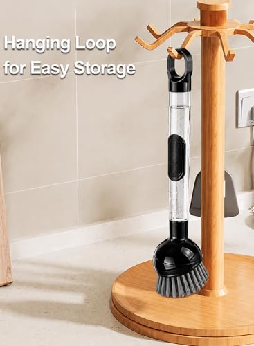 Soap Dispensing Dish Brush with Handle, 360° Rotating Head, 5-Piece Kitchen Cleaning Set (2 Brush Heads & 3 Sponges), Non-Scratch Scrubber for Pot, Pan, Sink, Leak-Proof Dishwand, Black - color: Black