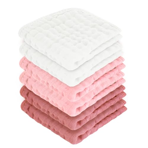 MIGIOL Baby Washcloths 100% Cotton Size is 12x12 inches. Lightweight, Portable, and Ideal for use at Home or on The go. (White & Pink 6 Pieces) - color: White & Pink 6 Pieces